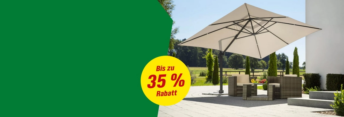 Bis zu 35 % Rabatt. Gartenmöbel mit Sonnenschirm auf einer Terrasse.